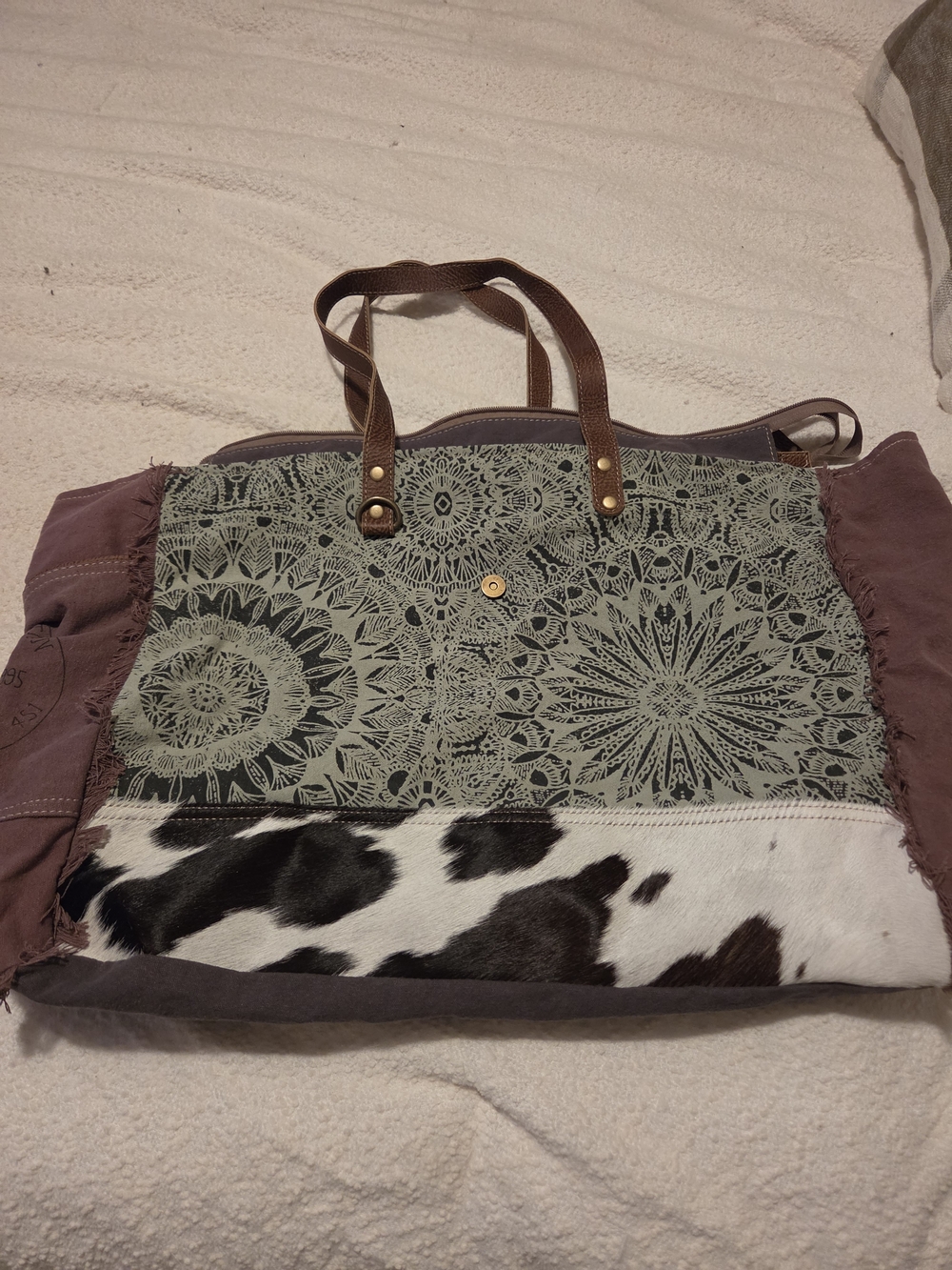Myra Boho Patchwork XL Tote Bag in Mauve and Black-White Cowhide